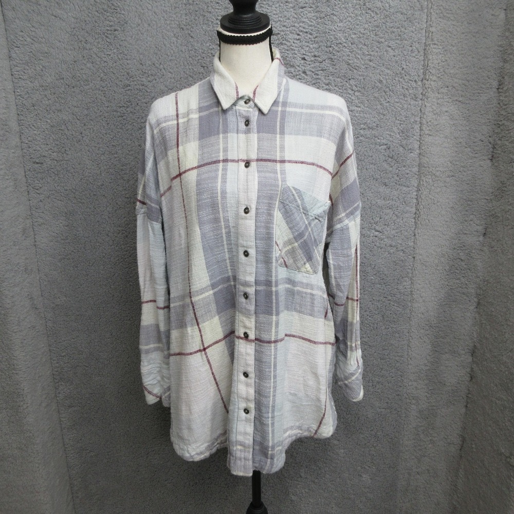 Free People Oversized Plaid Shirt Women S Blue White Cotton Boho Relaxed Cottage